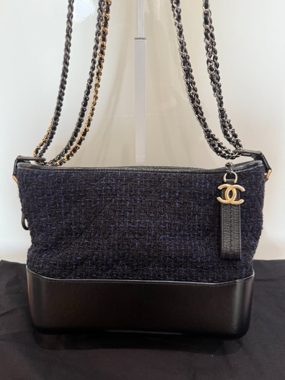 Chanel Tweed Calfskin Quilted Medium Gabrielle Hobo Black and Navy